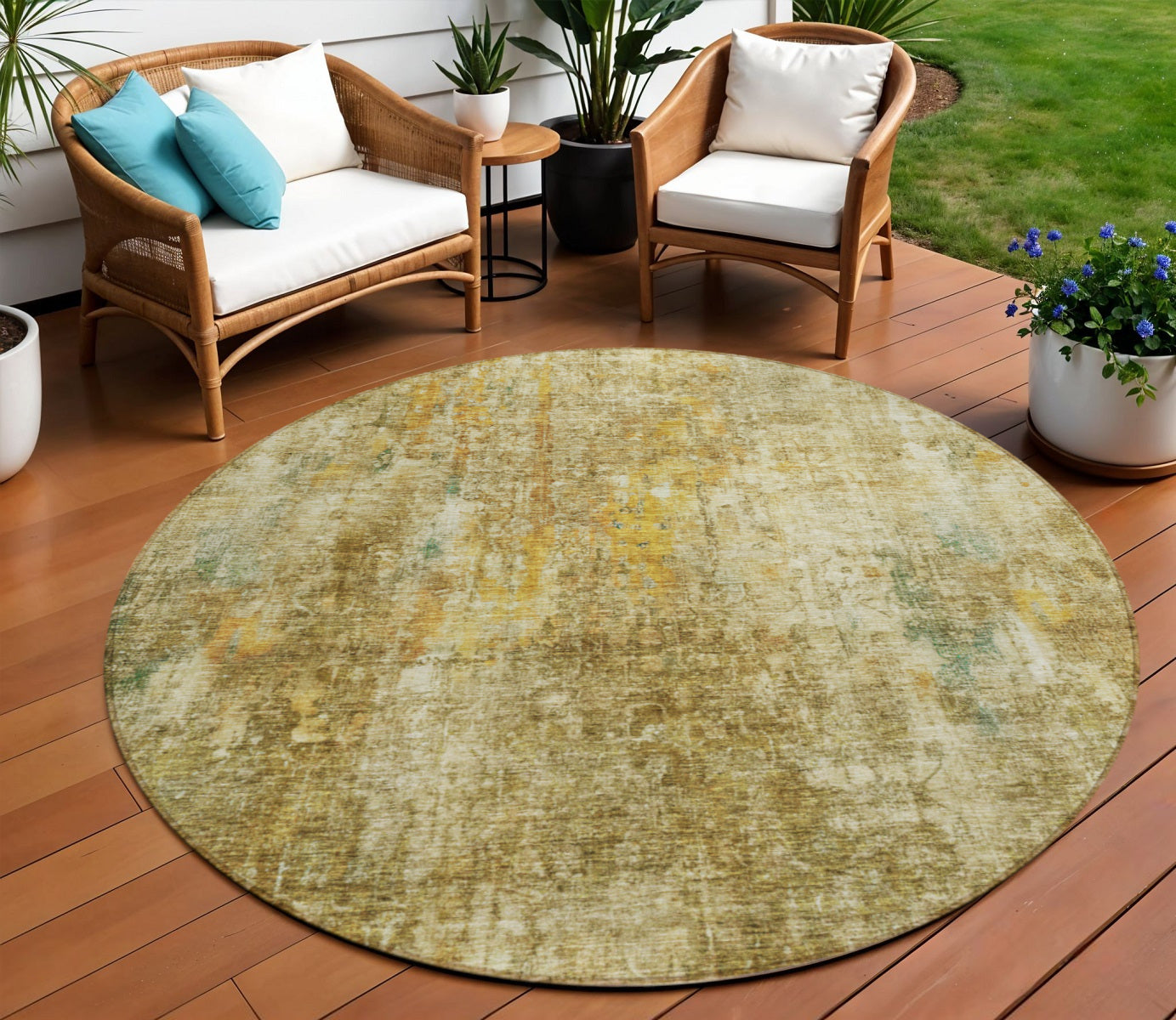 8 Brown Beige And Gold Round Abstract Washable Indoor Outdoor Area Rug