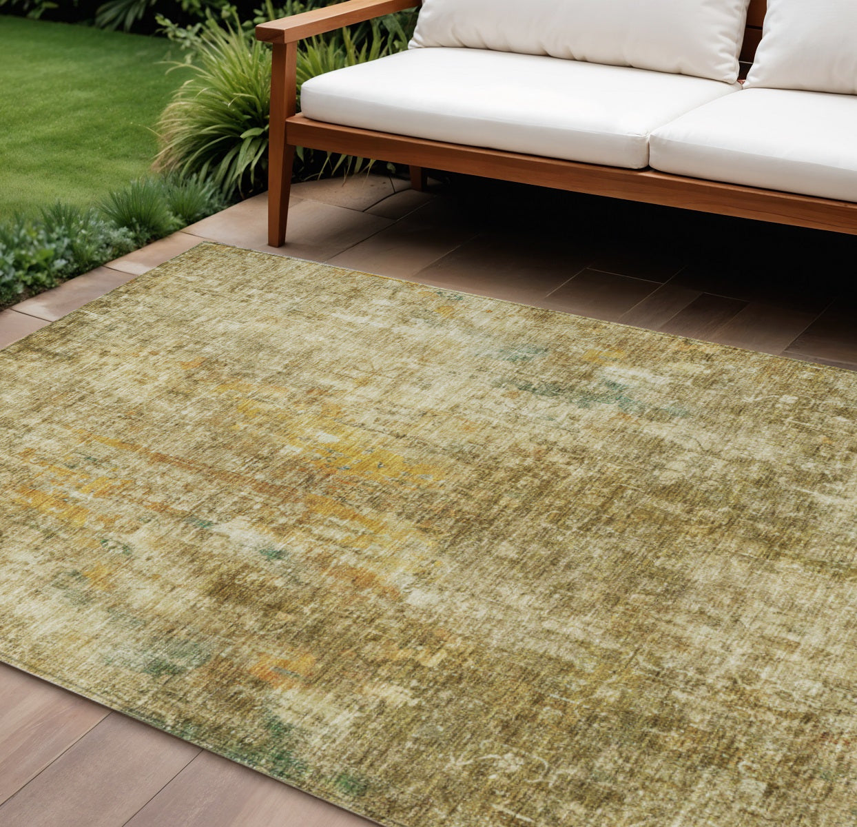 9 X 12 Brown Beige And Gold Abstract Washable Indoor Outdoor Area Rug
