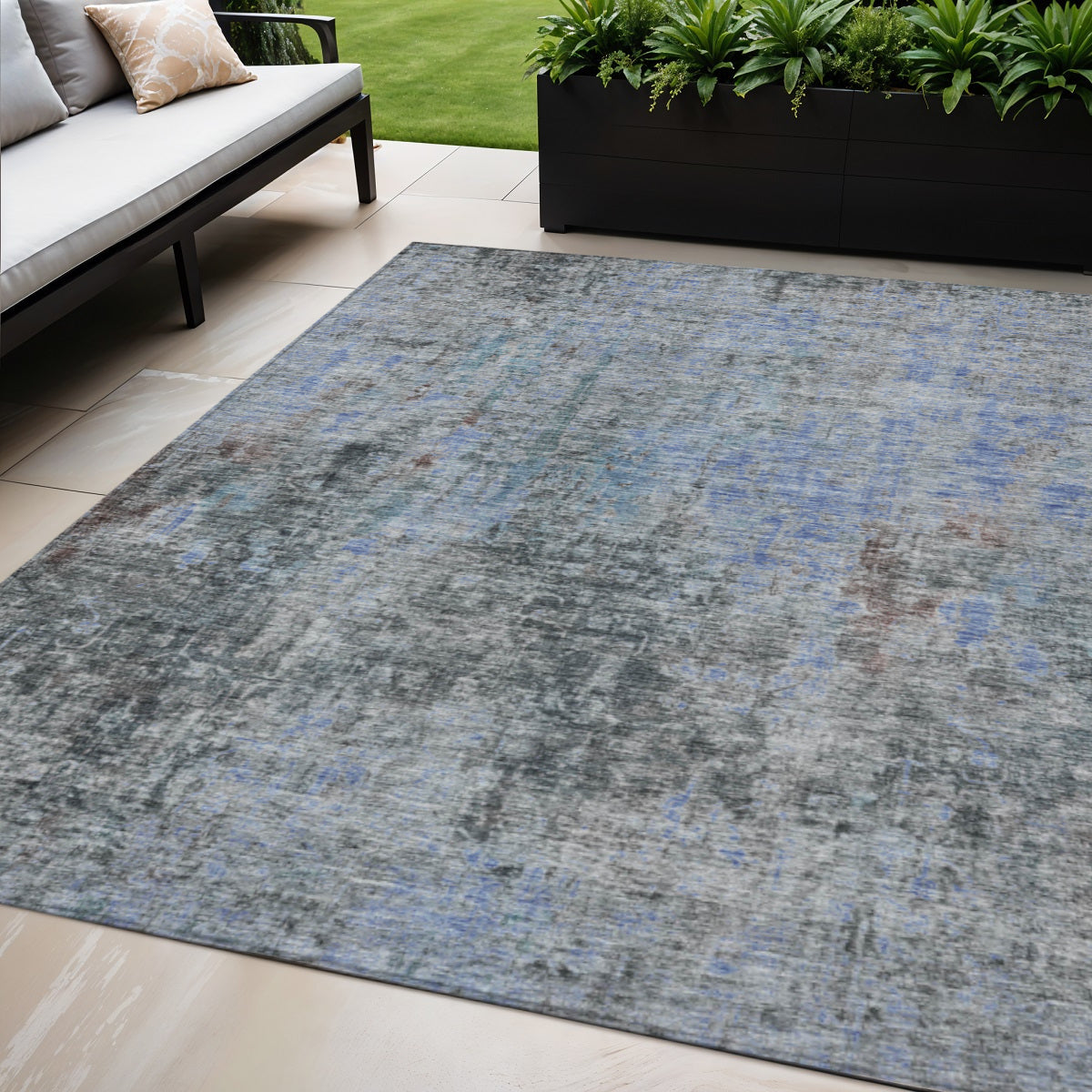 5 X 8 Gray Charcoal And Blue Abstract Washable Indoor Outdoor Area Rug