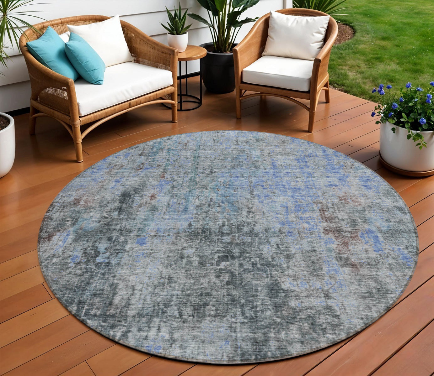 8 Gray Charcoal And Blue Round Abstract Washable Indoor Outdoor Area Rug