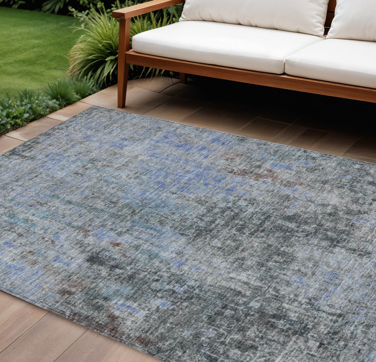 9 X 12 Gray Charcoal And Blue Abstract Washable Indoor Outdoor Area Rug