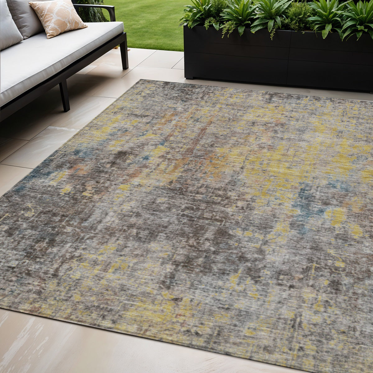 5 X 8 Brown And Gold Abstract Washable Indoor Outdoor Area Rug
