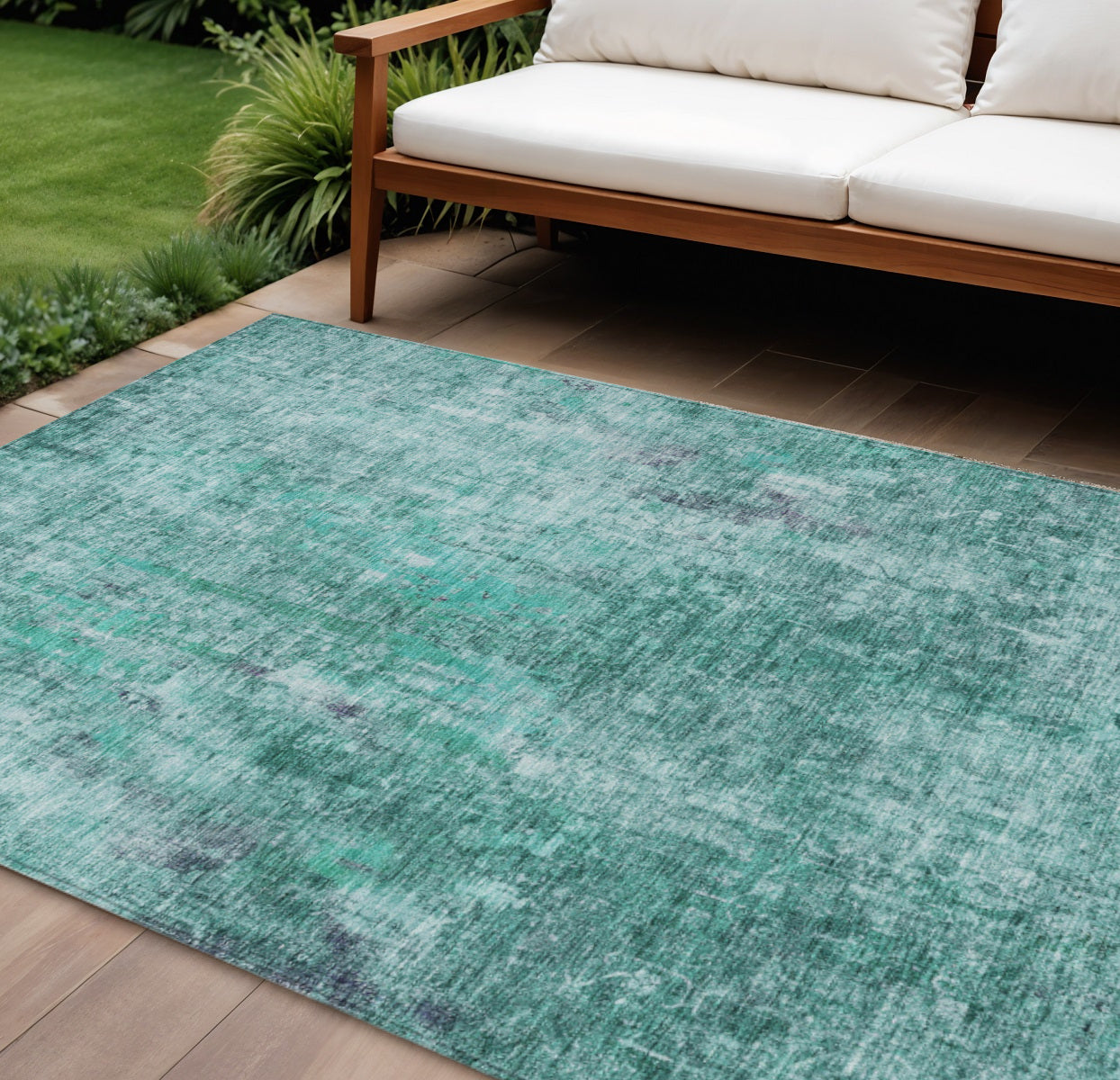 8 X 10 Teal Blue Green And Gray Abstract Washable Indoor Outdoor Area Rug