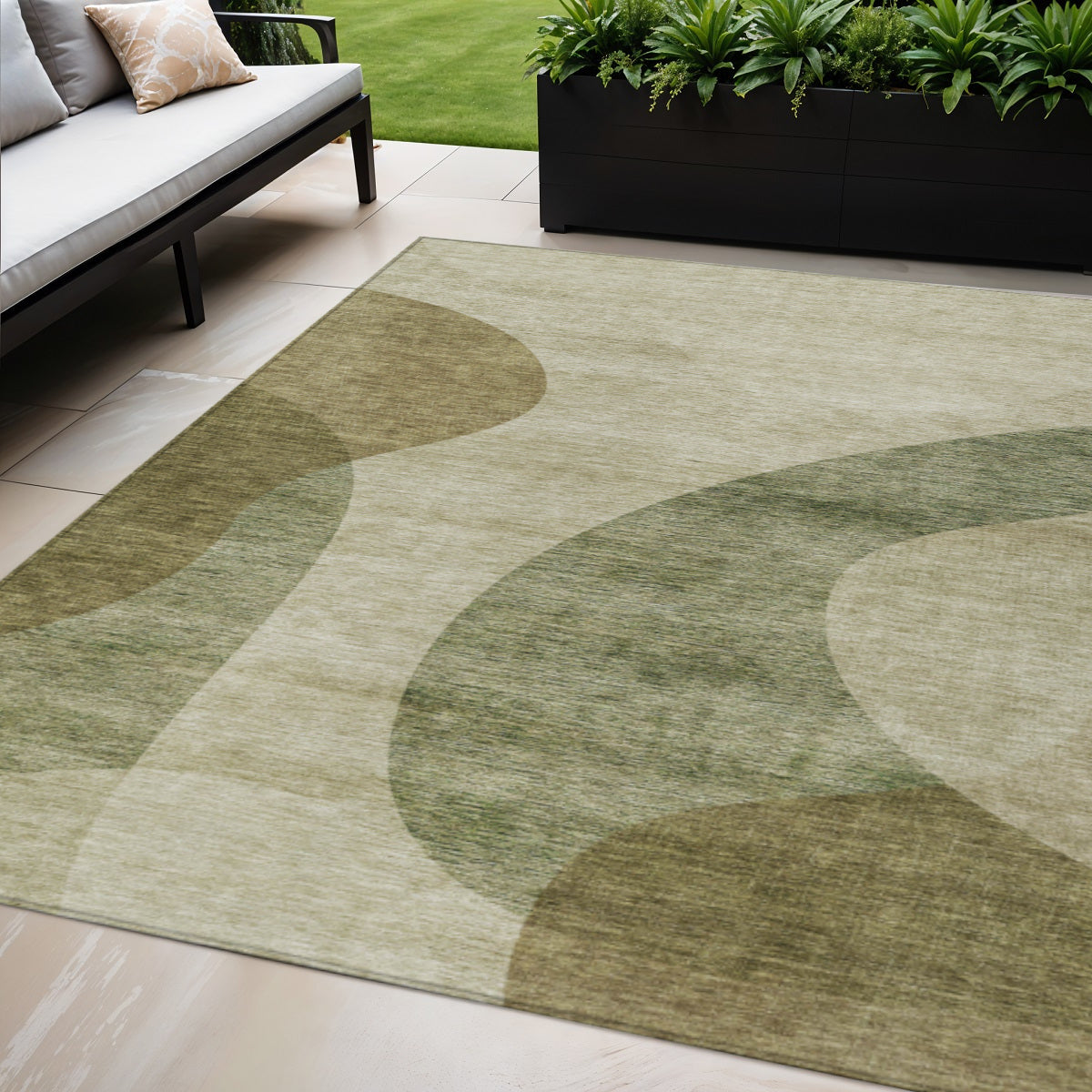 5 X 8 Beige And Chocolate Abstract Washable Indoor Outdoor Area Rug