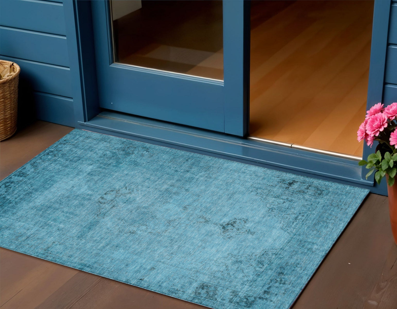 3 X 5 Denim Blue And Navy Blue Oriental Washable Indoor Outdoor Area Rug
