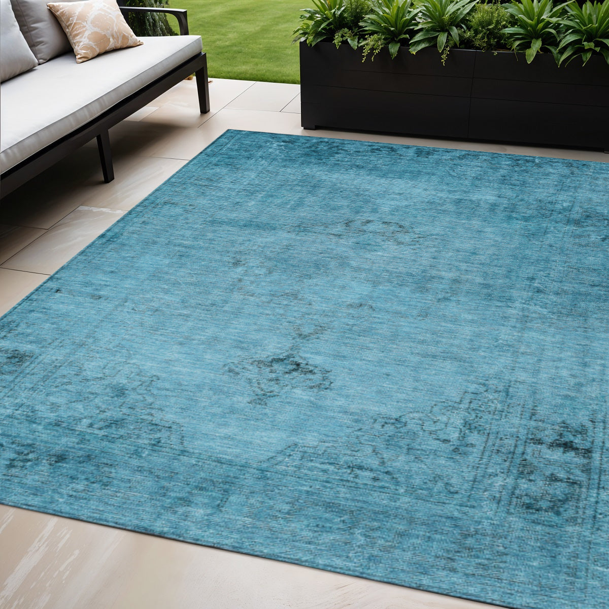 5 X 8 Denim Blue And Navy Blue Oriental Washable Indoor Outdoor Area Rug