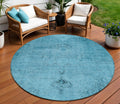 8 Denim Blue And Navy Blue Round Oriental Washable Indoor Outdoor Area Rug