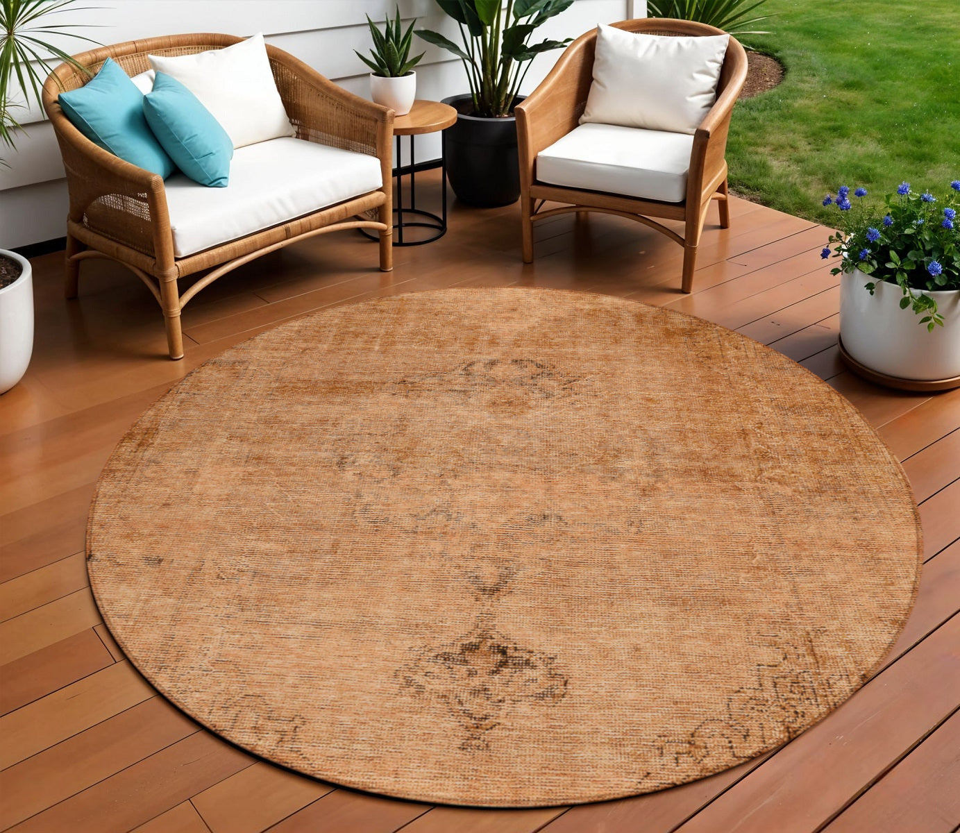 8 Copper Orange And Brown Round Oriental Washable Indoor Outdoor Area Rug