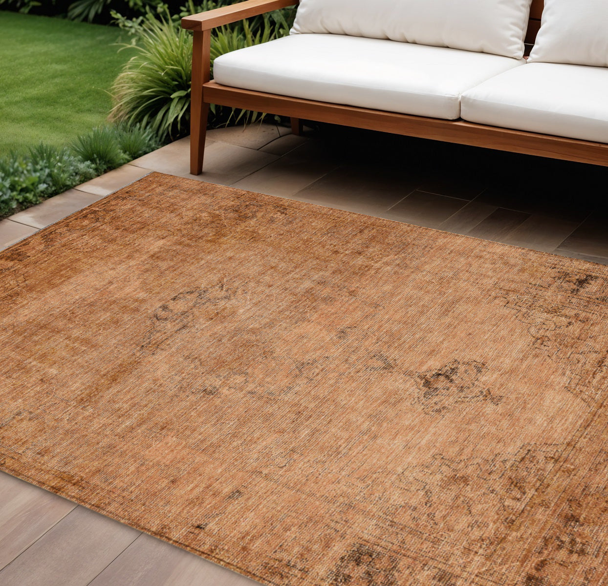 9 X 12 Copper Orange And Brown Oriental Washable Indoor Outdoor Area Rug