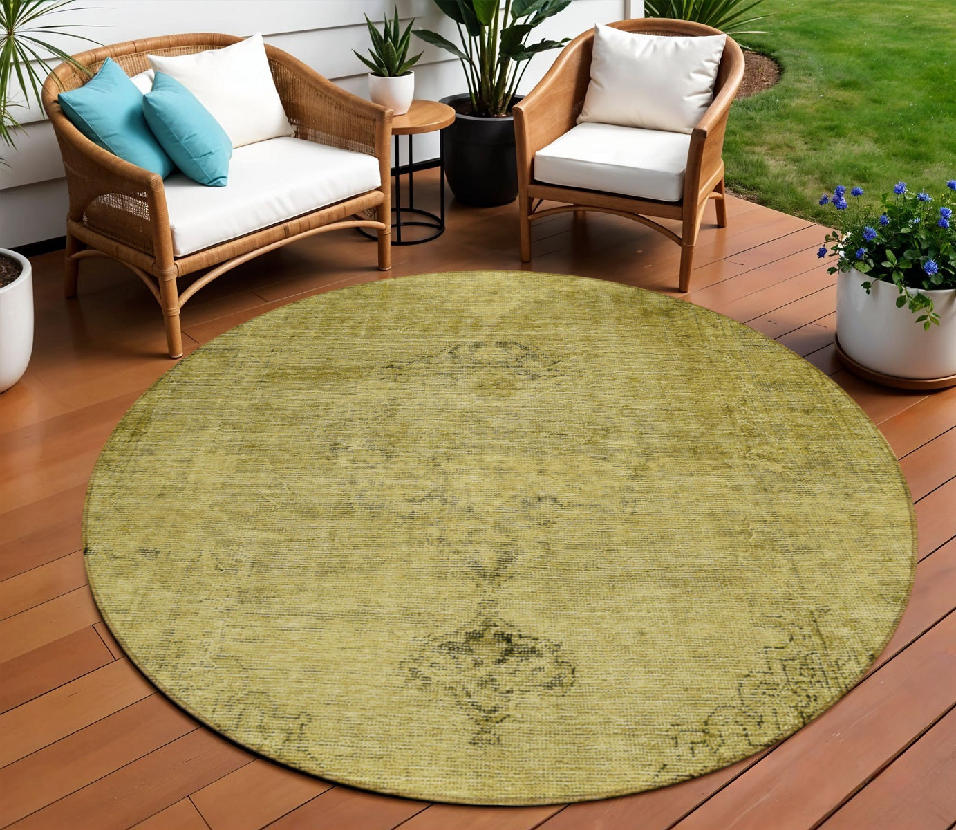 8 Gold Brown And Wheat Round Oriental Washable Indoor Outdoor Area Rug