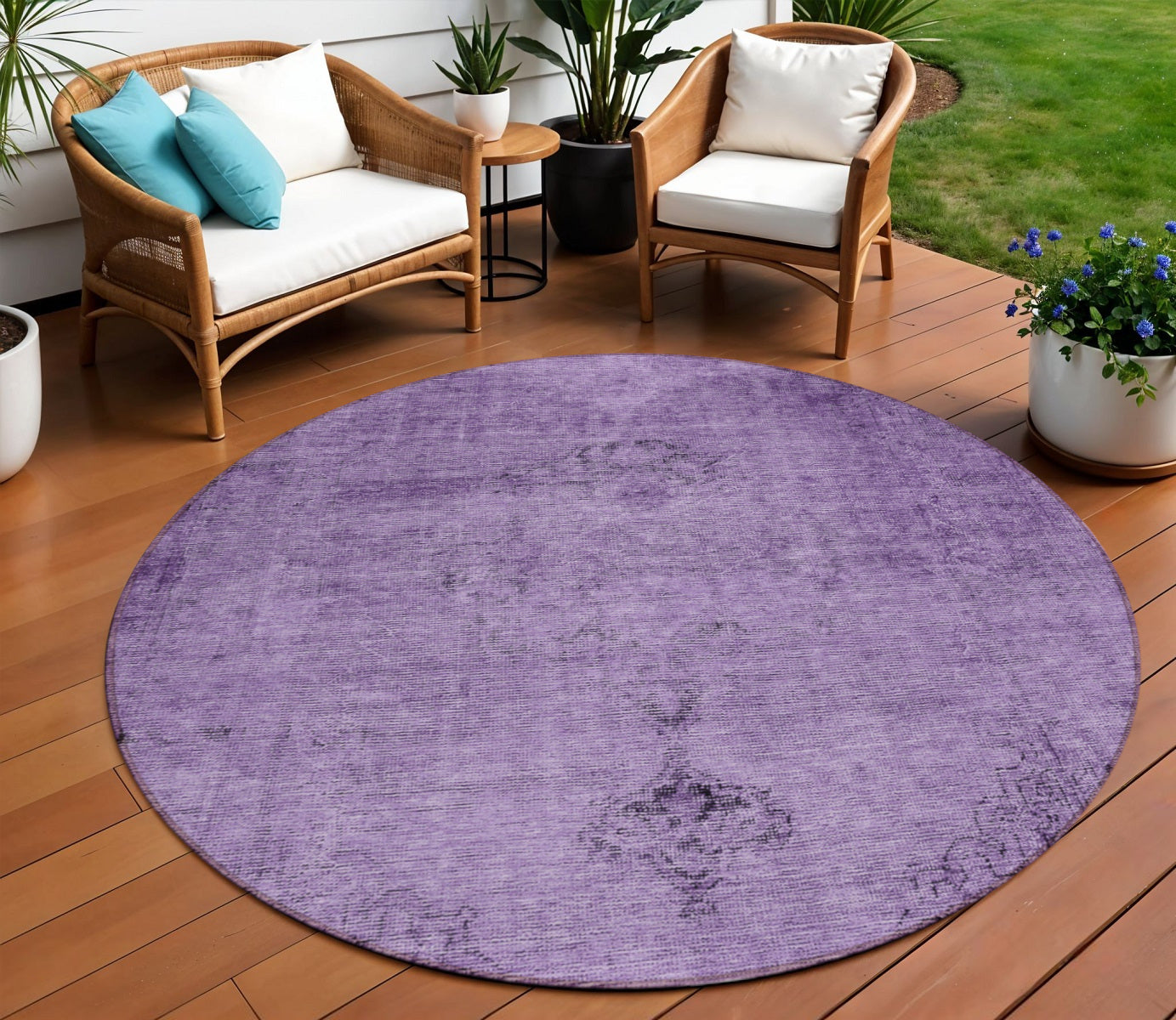 8 Purple Eggplant And Lavender Round Oriental Washable Indoor Outdoor Area Rug