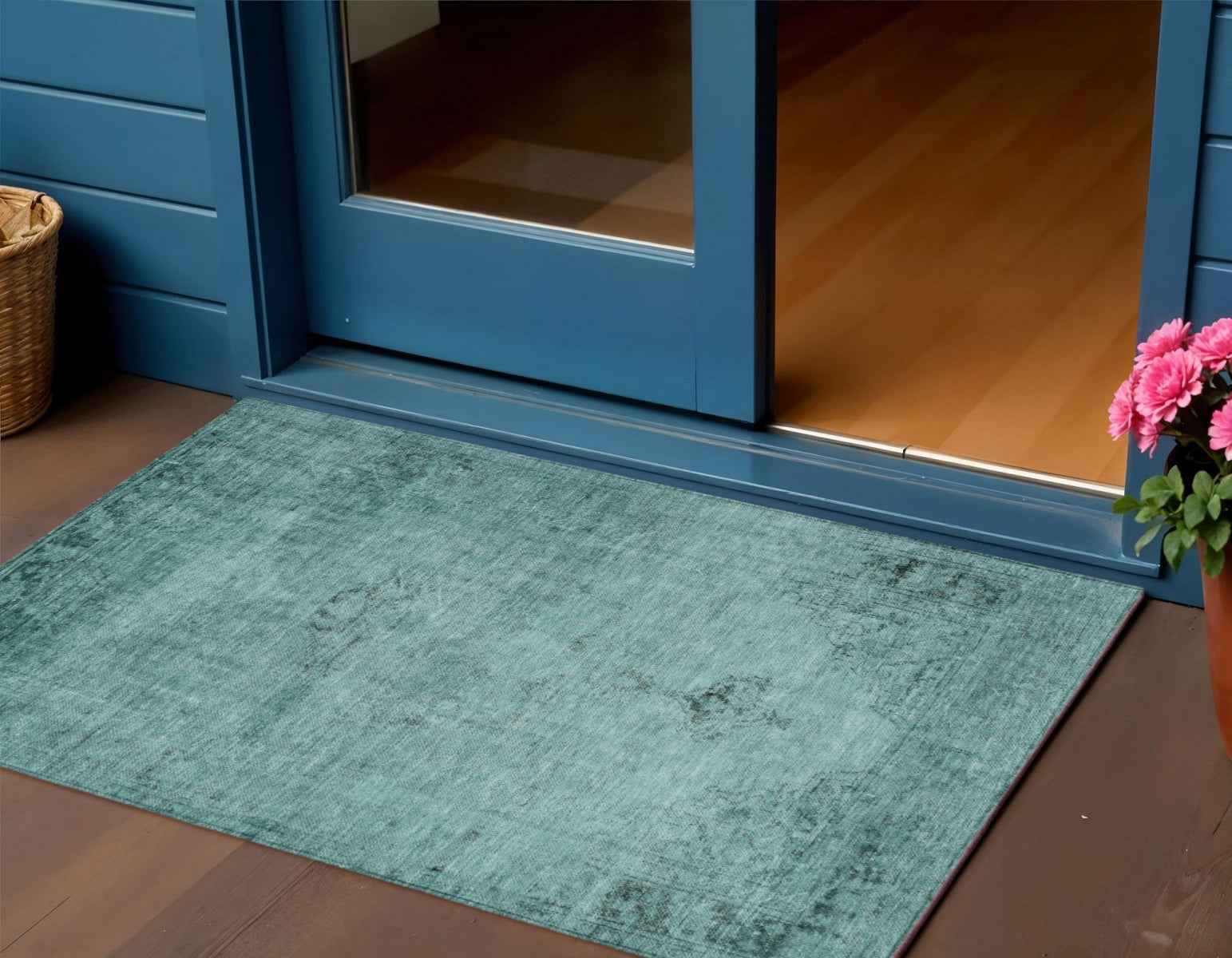 3 X 5 Teal Blue Turquoise And Charcoal Oriental Washable Indoor Outdoor Area Rug
