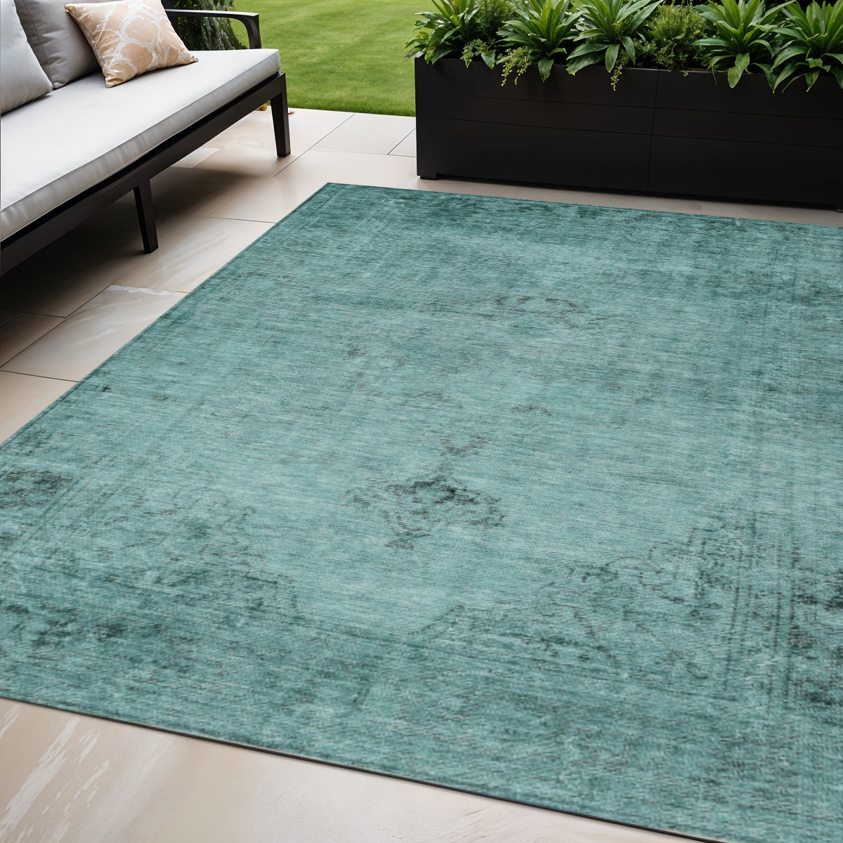 5 X 8 Teal Blue Turquoise And Charcoal Oriental Washable Indoor Outdoor Area Rug