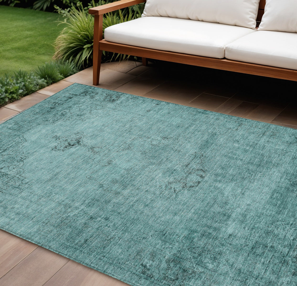 9 X 12 Teal Blue Turquoise And Charcoal Oriental Washable Indoor Outdoor Area Rug