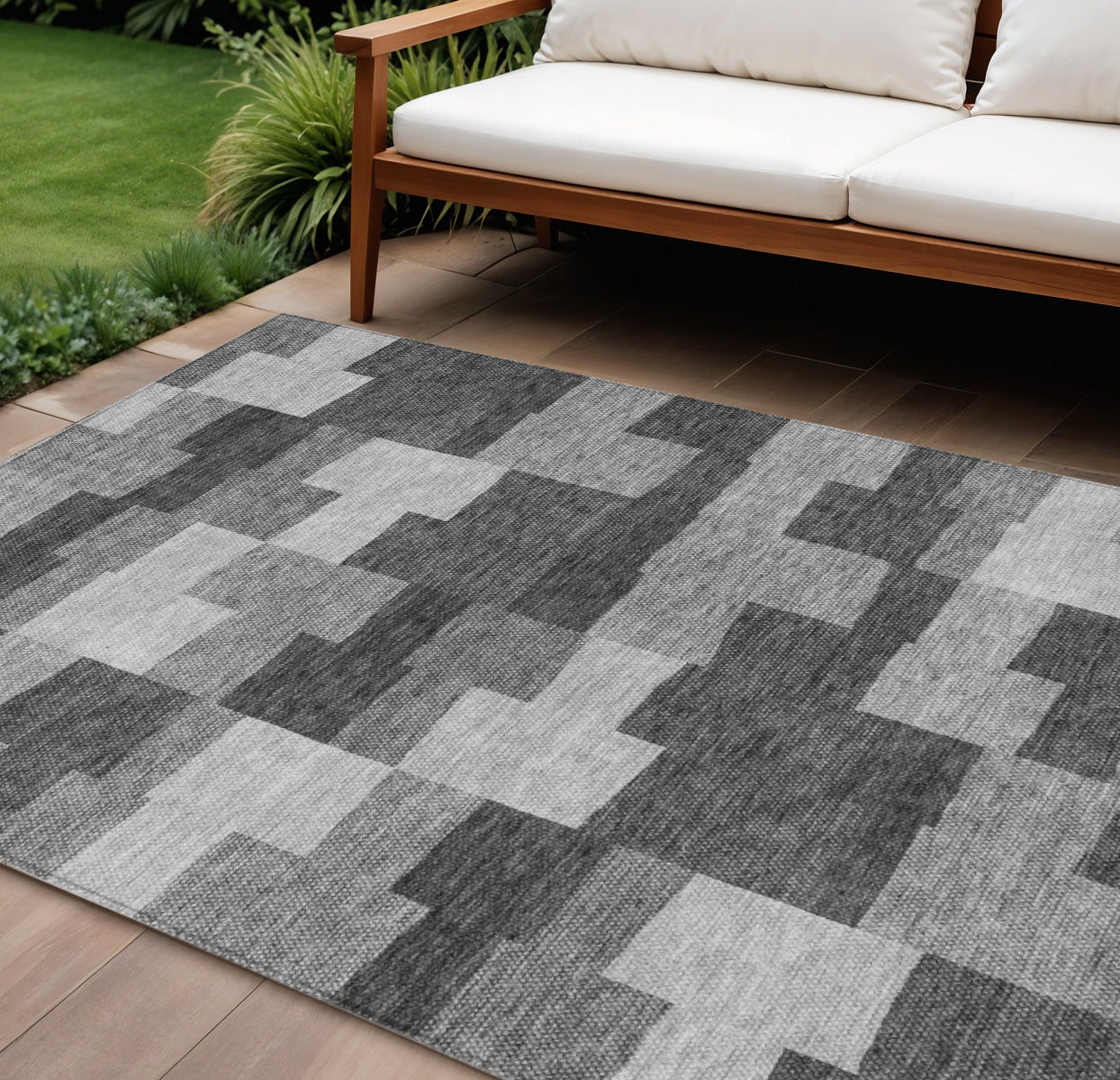 9 X 12 Gray Silver And Charcoal Geometric Washable Indoor Outdoor Area Rug