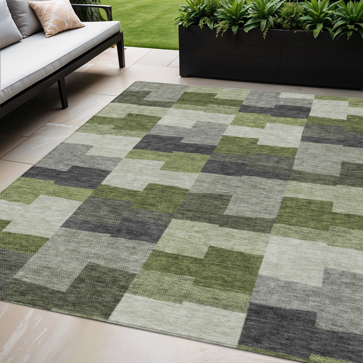 5 X 8 Olive Green And Artichoke Green Geometric Washable Indoor Outdoor Area Rug