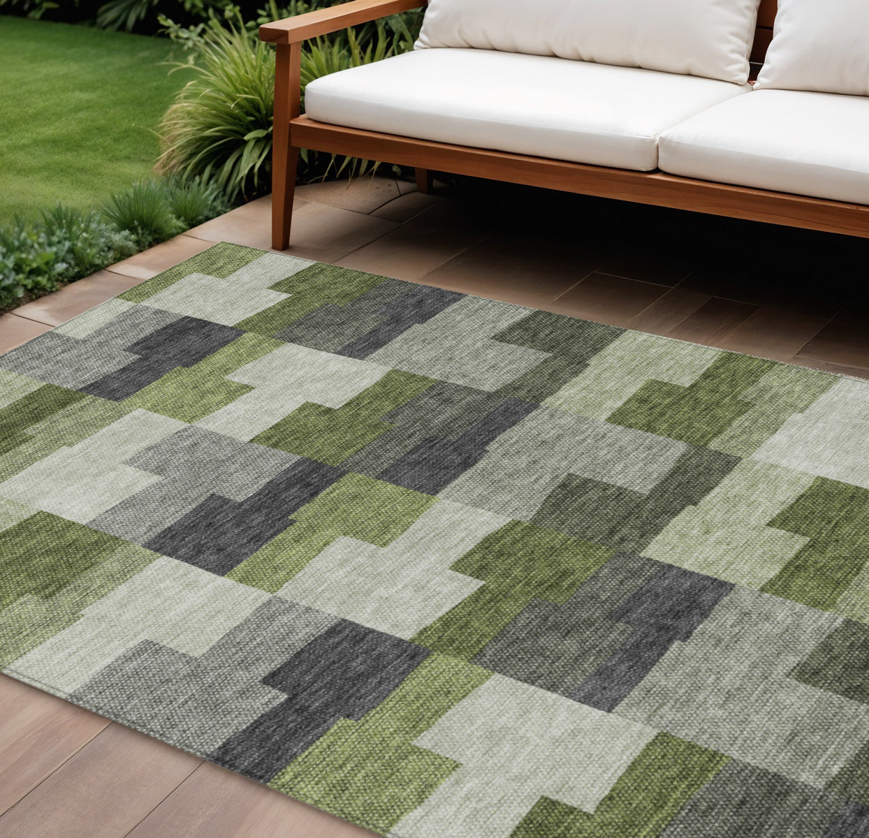 9 X 12 Olive Green And Artichoke Green Geometric Washable Indoor Outdoor Area Rug