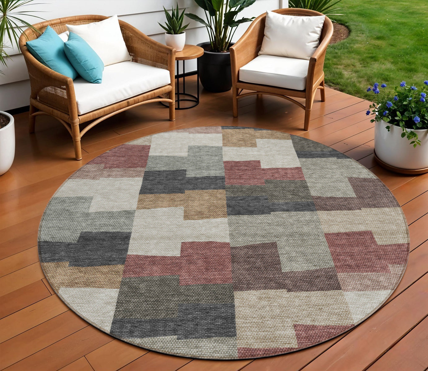 8 Orange Copper And Charcoal Round Geometric Washable Indoor Outdoor Area Rug