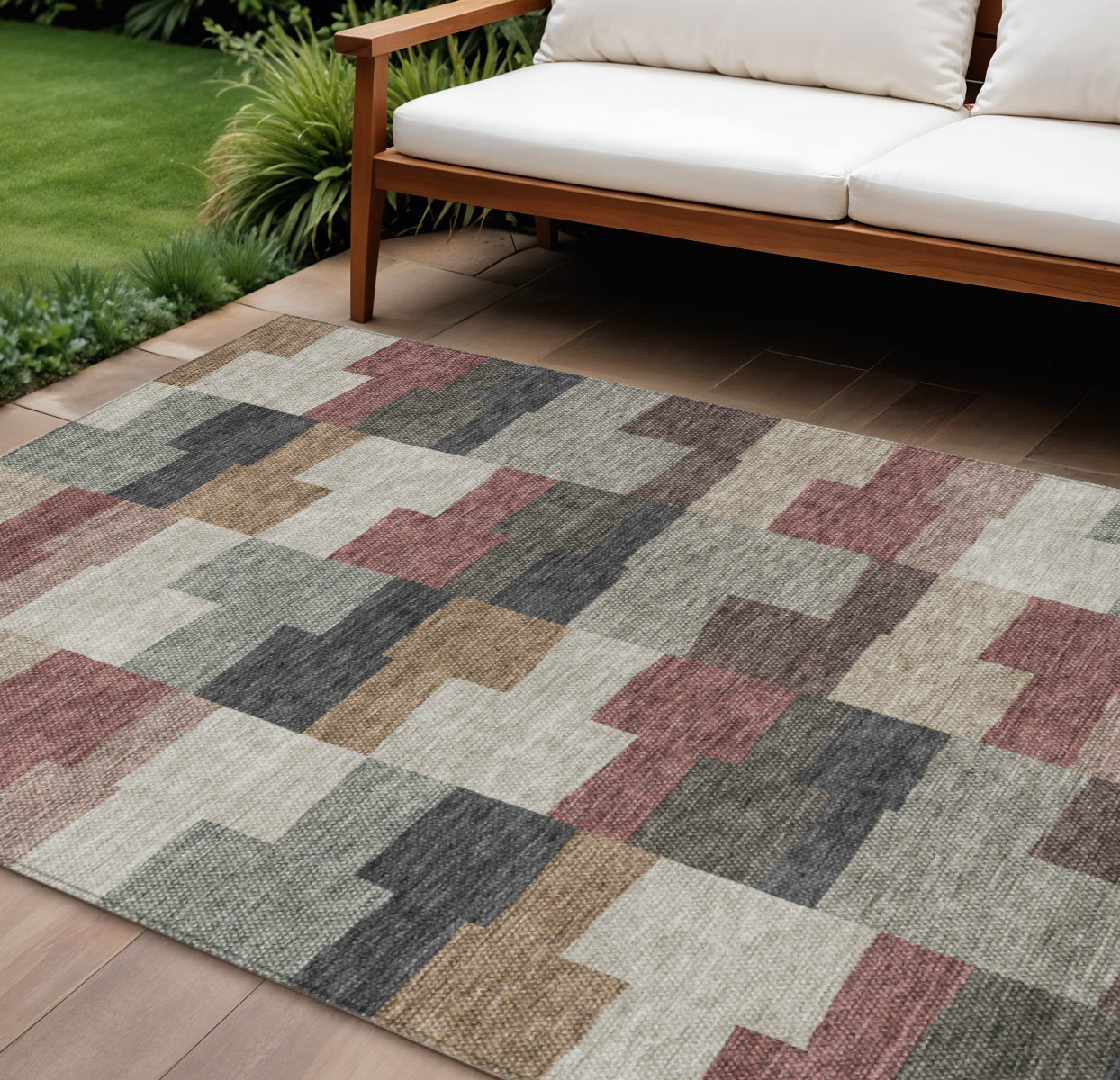 10 X 14 Orange Copper And Charcoal Geometric Washable Indoor Outdoor Area Rug