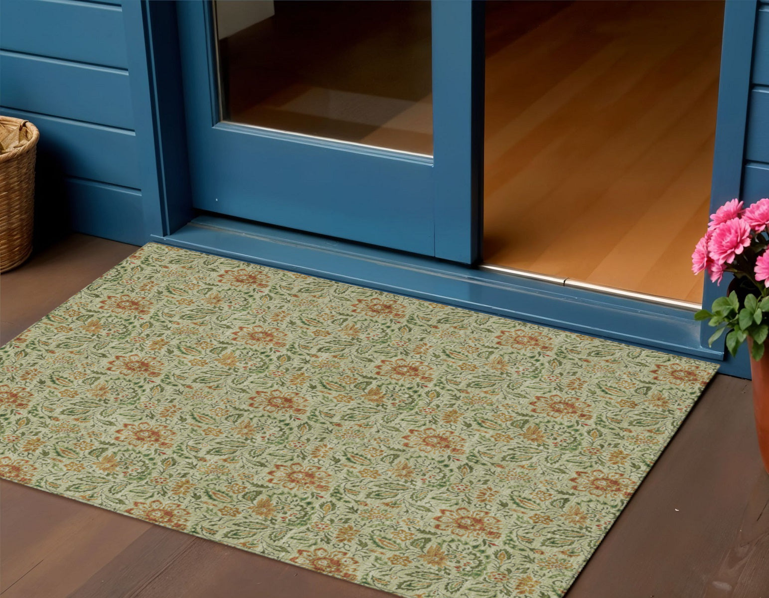 3 X 5 Green Copper And Sage Floral Washable Indoor Outdoor Area Rug