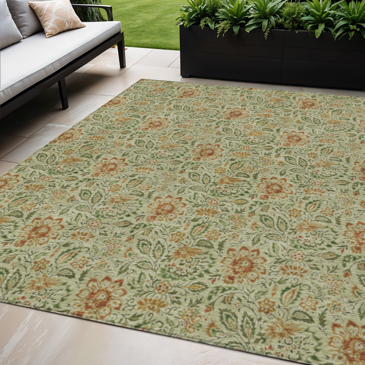 5 X 8 Green Copper And Sage Floral Washable Indoor Outdoor Area Rug