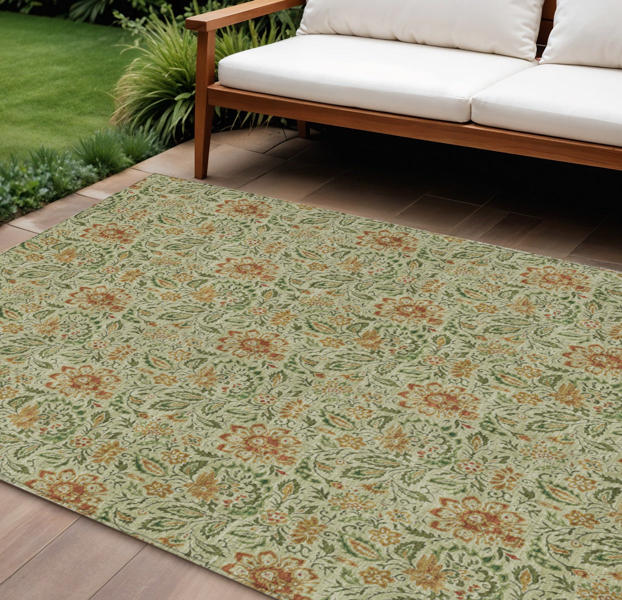 9 X 12 Green Copper And Sage Floral Washable Indoor Outdoor Area Rug