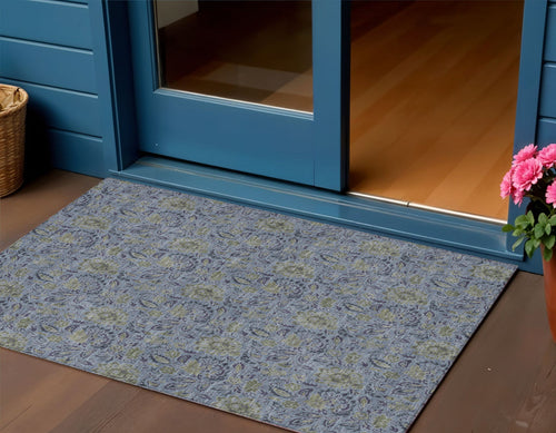 3 X 5 Denim Blue Navy Blue And Gray Floral Washable Indoor Outdoor Area Rug
