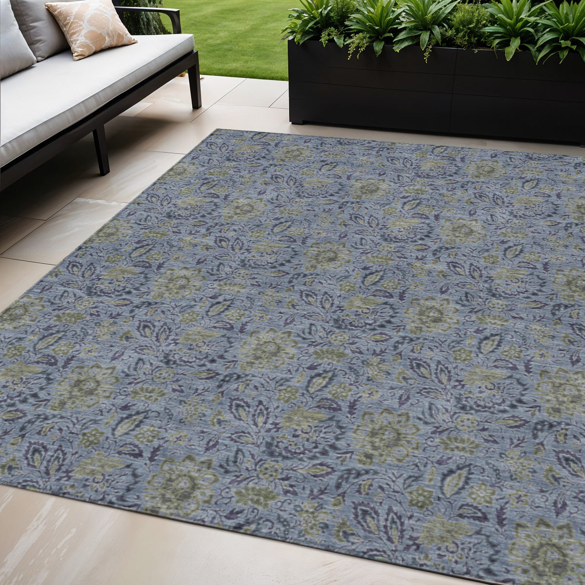 5 X 8 Denim Blue Navy Blue And Gray Floral Washable Indoor Outdoor Area Rug