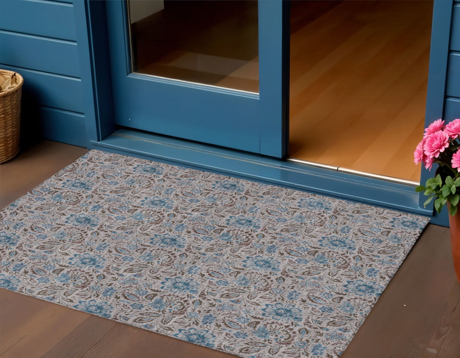 3 X 5 Brown And Blue Floral Washable Indoor Outdoor Area Rug