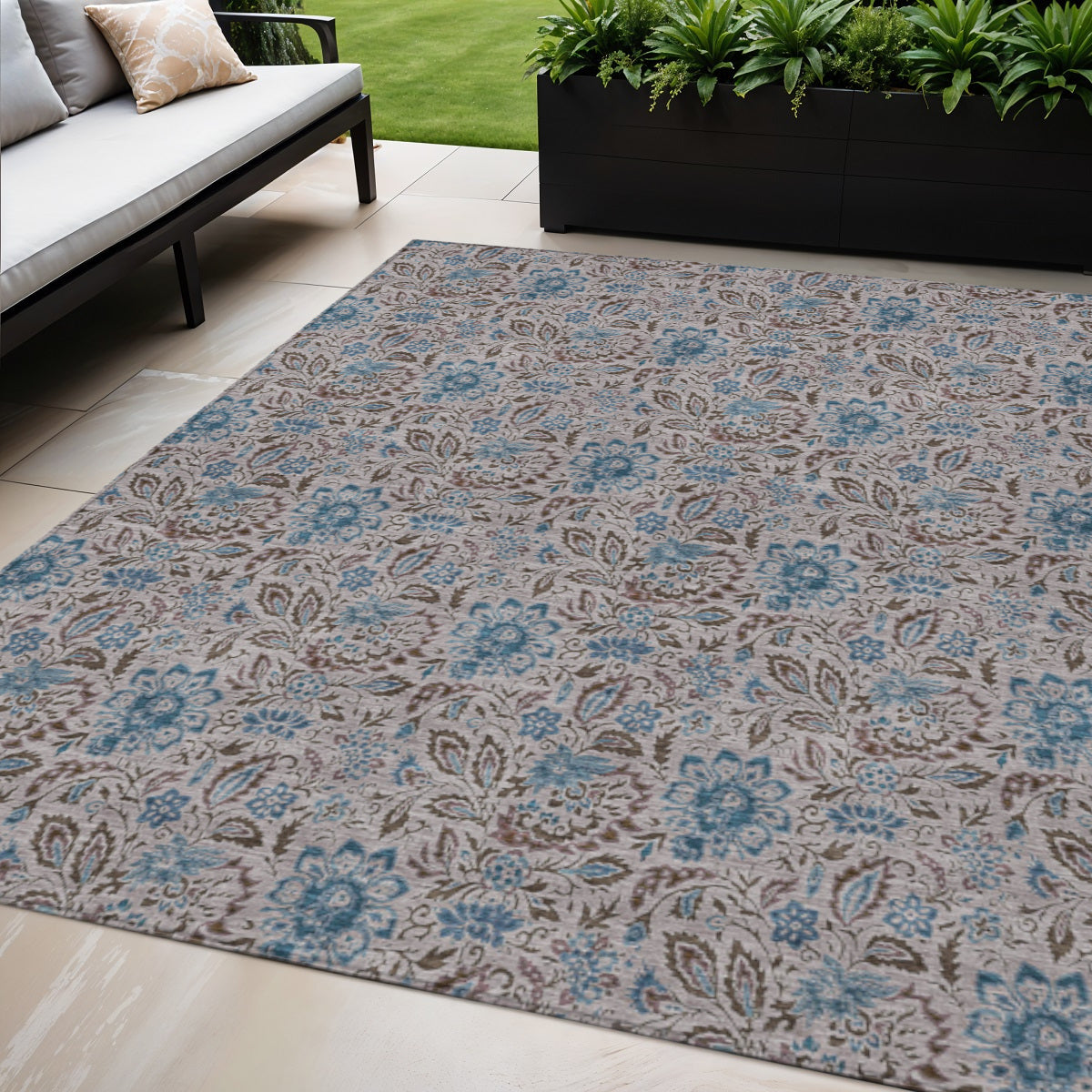 5 X 8 Brown And Blue Floral Washable Indoor Outdoor Area Rug