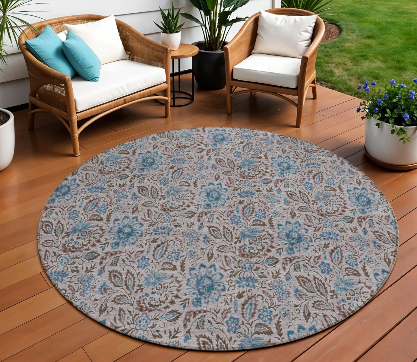 8 Brown And Blue Round Floral Washable Indoor Outdoor Area Rug