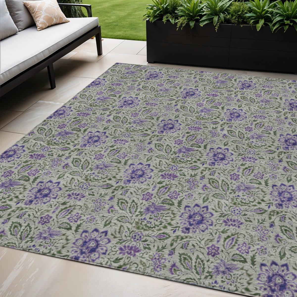 5 X 8 Olive Green Sage And Purple Floral Washable Indoor Outdoor Area Rug