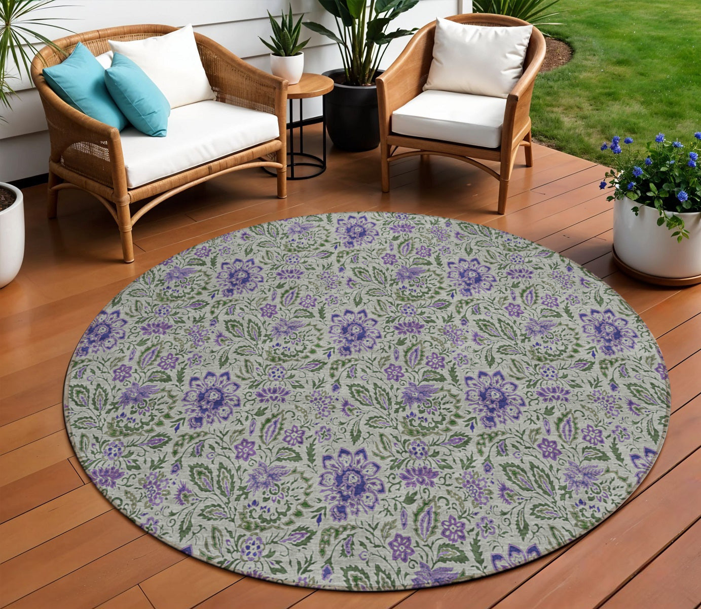 8 Olive Green Sage And Purple Round Floral Washable Indoor Outdoor Area Rug