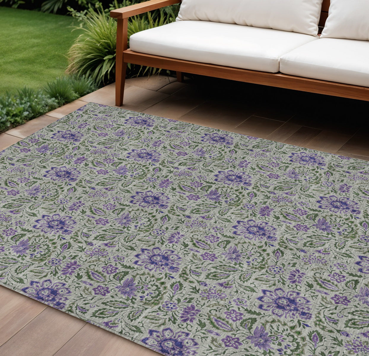 9 X 12 Olive Green Sage And Purple Floral Washable Indoor Outdoor Area Rug