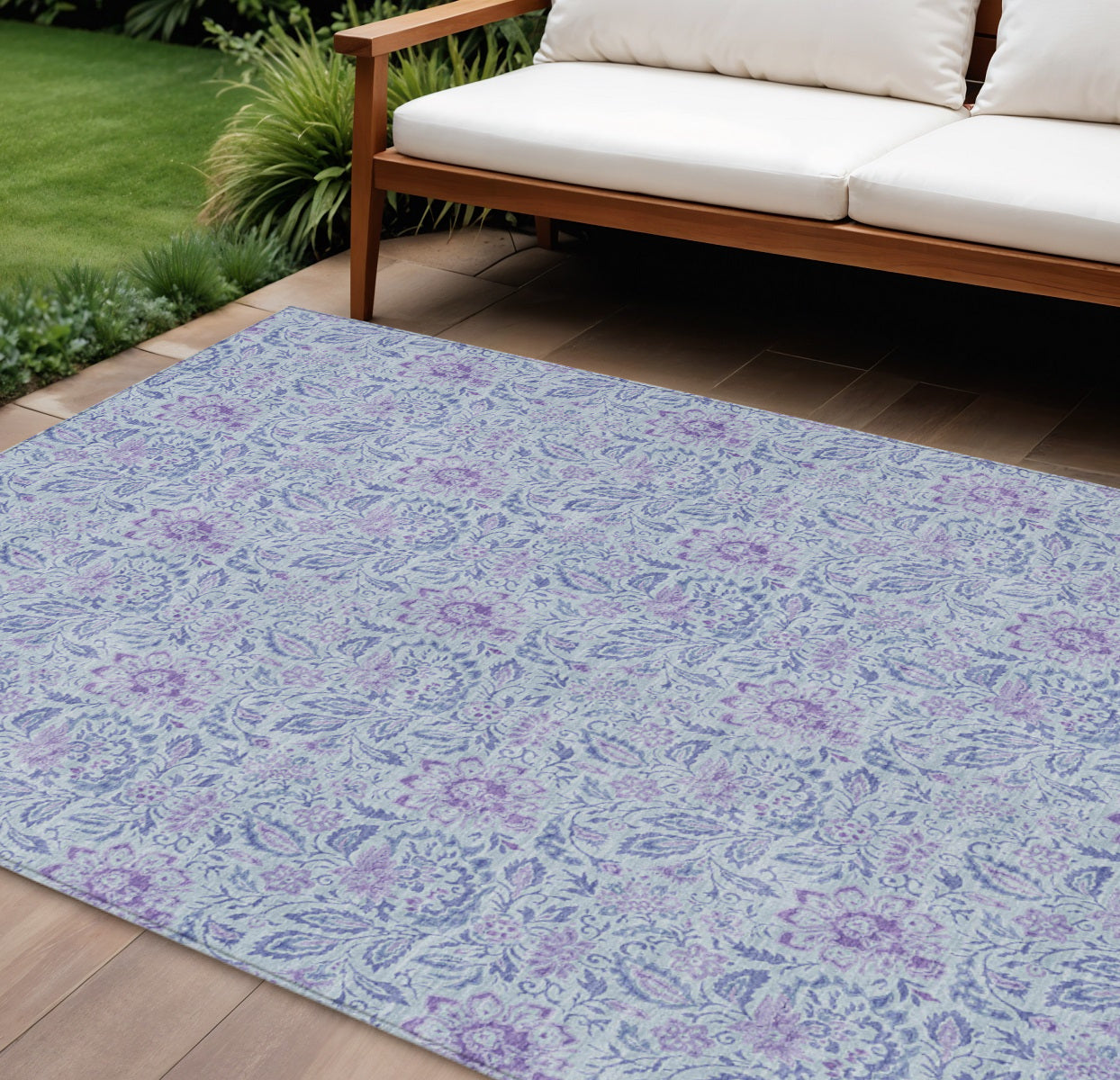 10 X 14 Sky Blue And Purple Floral Washable Indoor Outdoor Area Rug