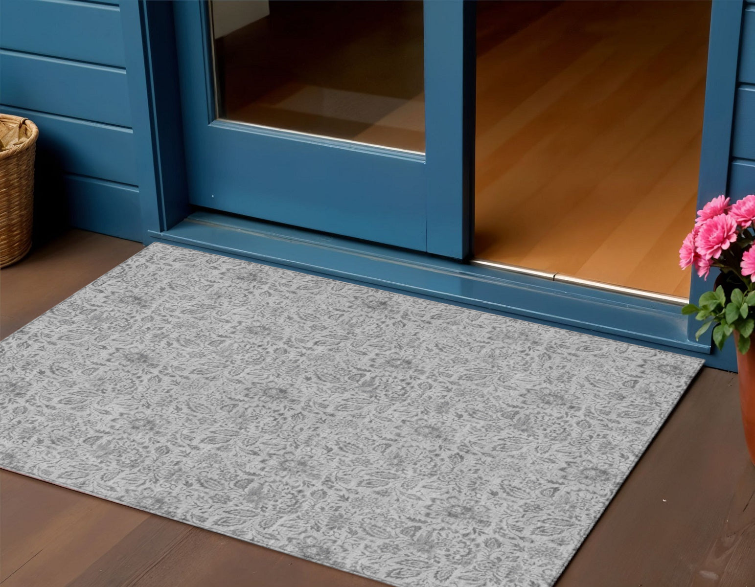 3 X 5 Silver Gray And Charcoal Floral Washable Indoor Outdoor Area Rug
