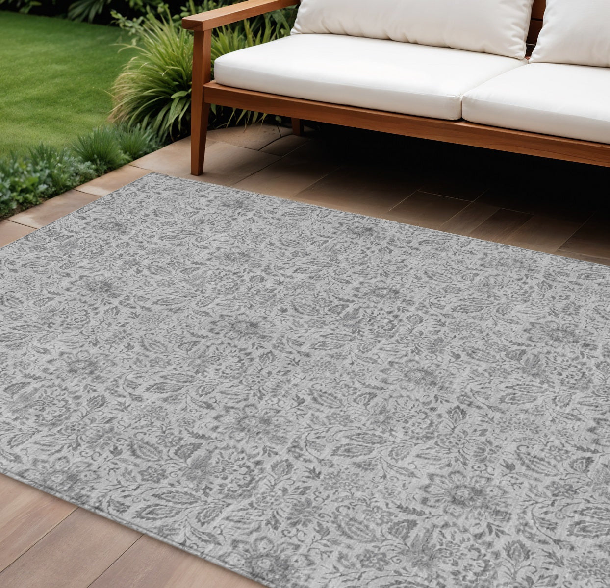 9 X 12 Silver Gray And Charcoal Floral Washable Indoor Outdoor Area Rug