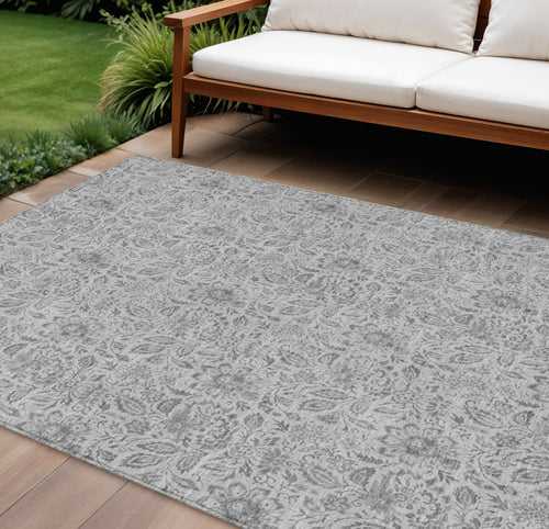 10 X 14 Silver Gray And Charcoal Floral Washable Indoor Outdoor Area Rug