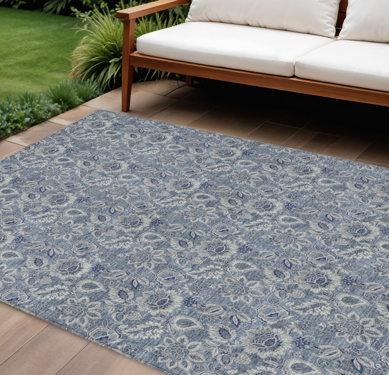 9 X 12 Denim Blue And Navy Blue Floral Washable Indoor Outdoor Area Rug