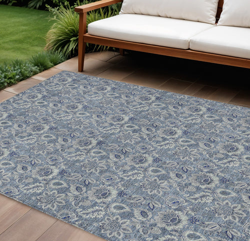 10 X 14 Denim Blue And Navy Blue Floral Washable Indoor Outdoor Area Rug