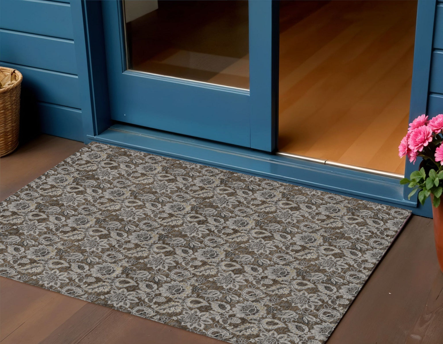 3 X 5 Chocolate And Charcoal Floral Washable Indoor Outdoor Area Rug