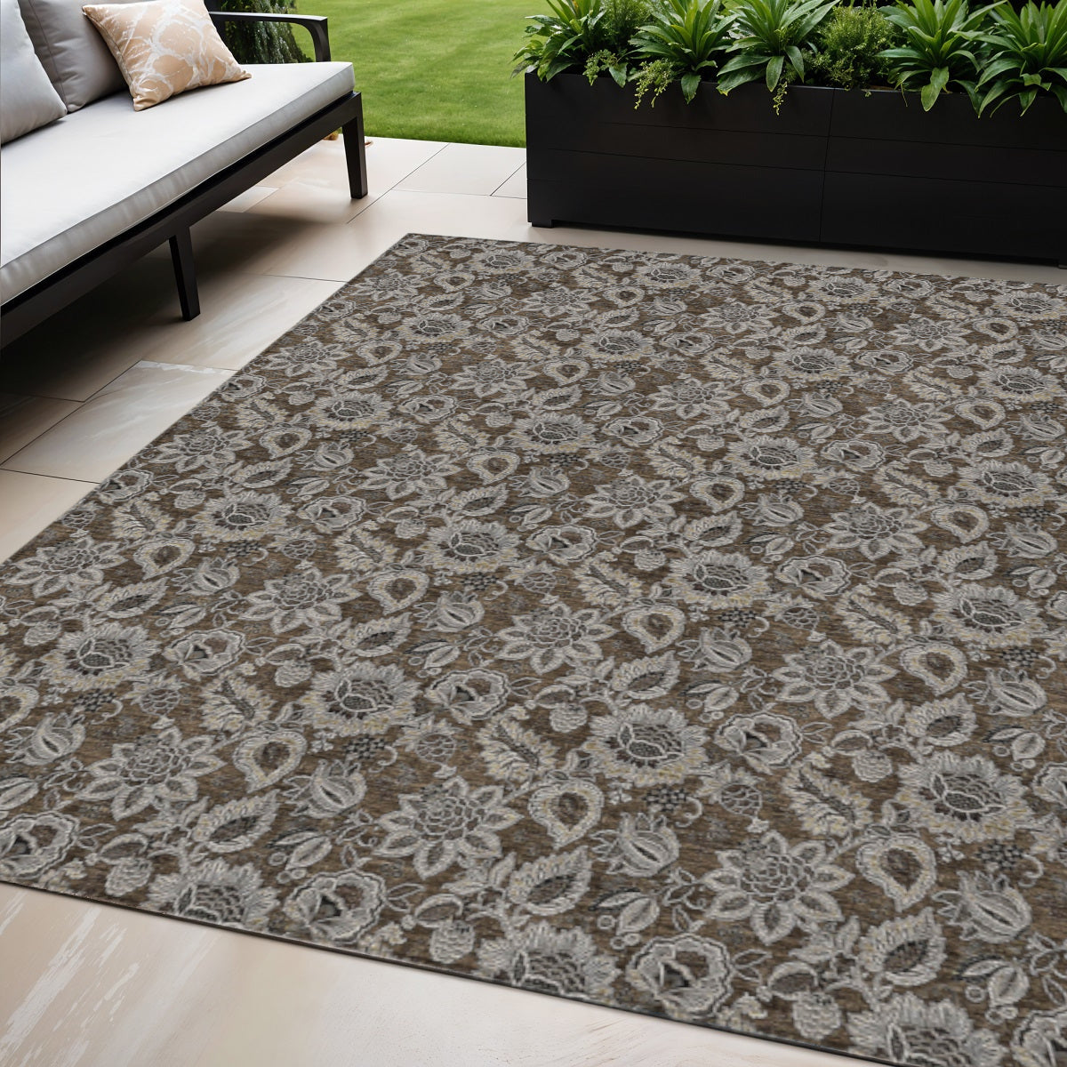 5 X 8 Chocolate And Charcoal Floral Washable Indoor Outdoor Area Rug