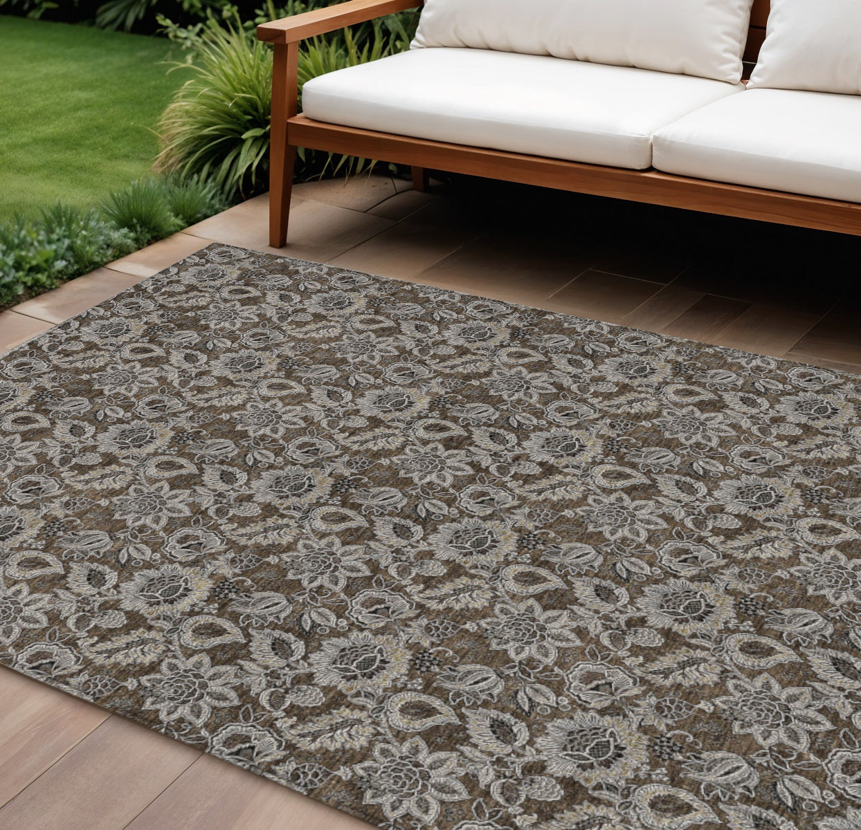 10 X 14 Chocolate And Charcoal Floral Washable Indoor Outdoor Area Rug