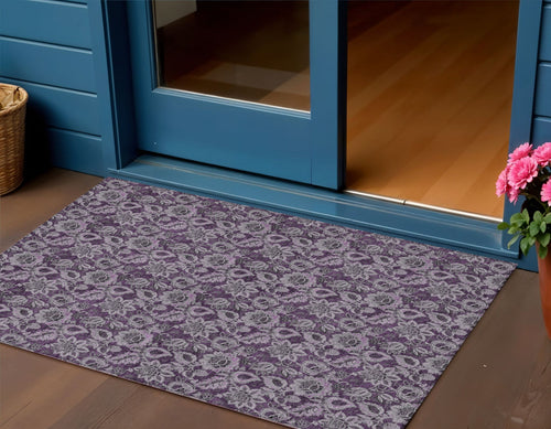 3 X 5 Eggplant Purple And Lilac Floral Washable Indoor Outdoor Area Rug