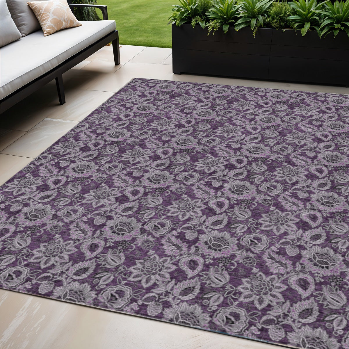 5 X 8 Eggplant Purple And Lilac Floral Washable Indoor Outdoor Area Rug