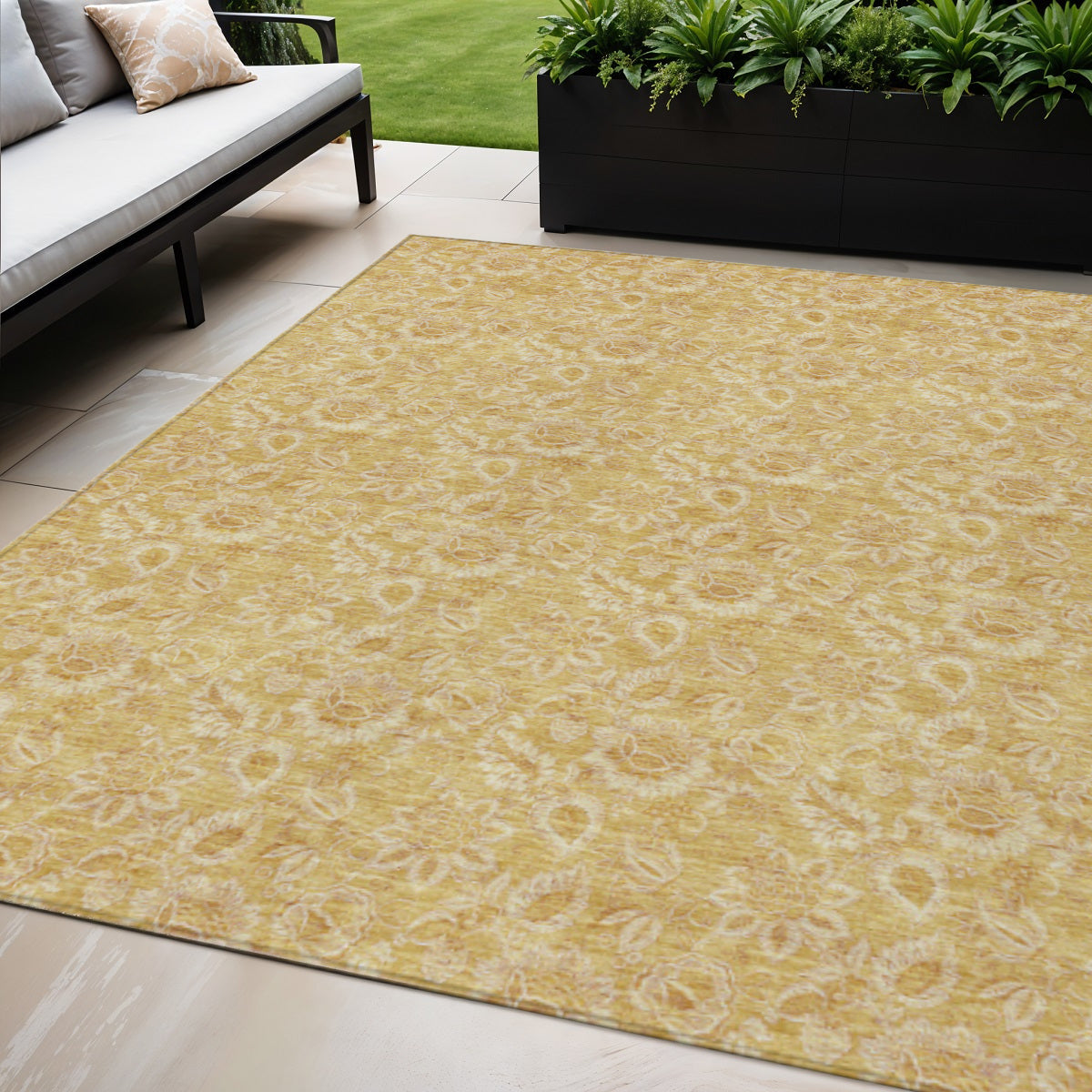 5 X 8 Gold And Wheat Floral Washable Indoor Outdoor Area Rug