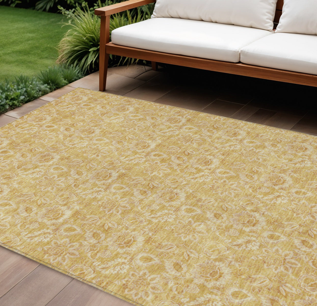 9 X 12 Gold And Wheat Floral Washable Indoor Outdoor Area Rug