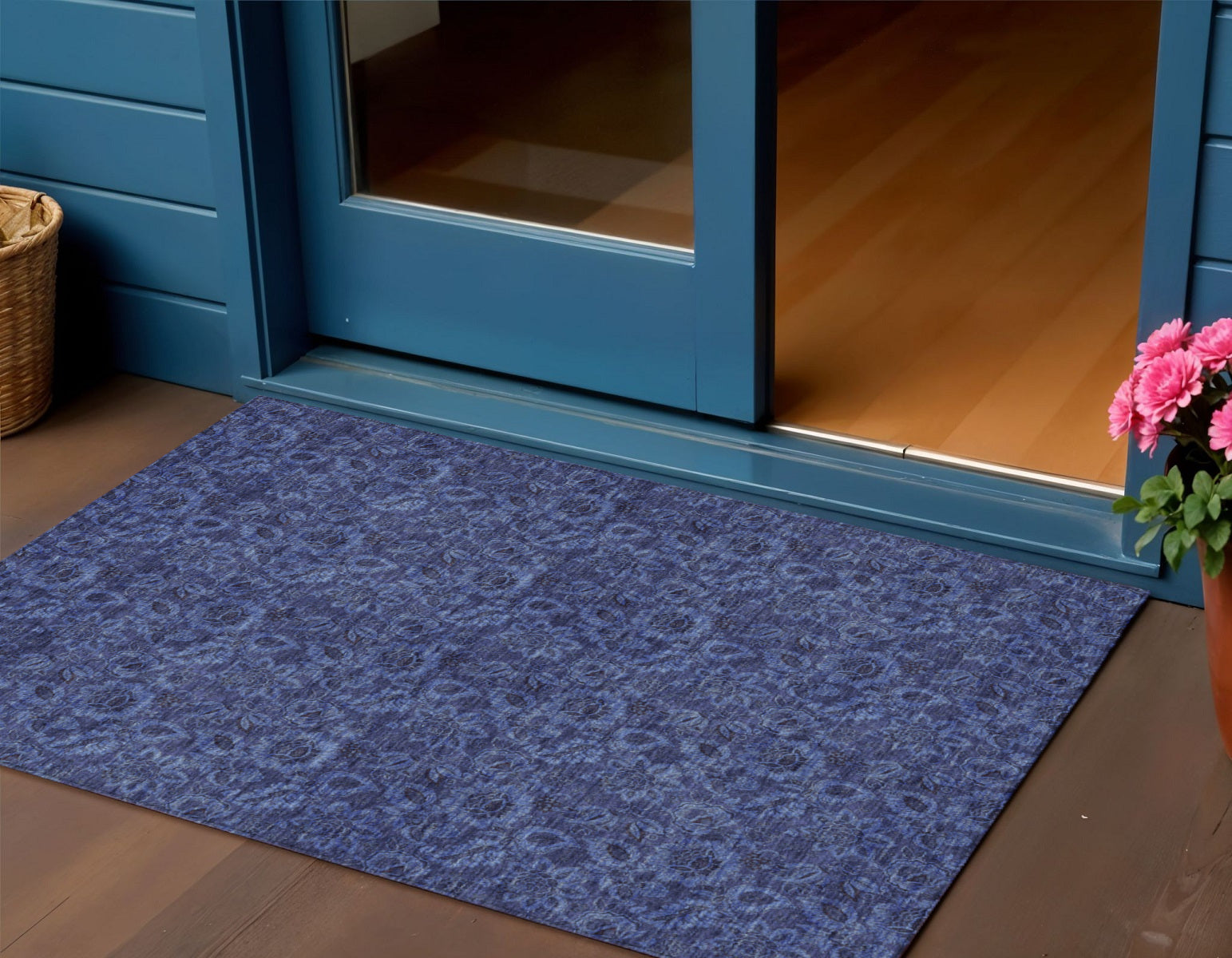 3 X 5 Navy Blue And Charcoal Floral Washable Indoor Outdoor Area Rug