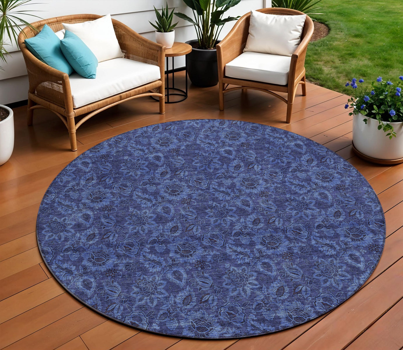 8 Navy Blue And Charcoal Round Floral Washable Indoor Outdoor Area Rug