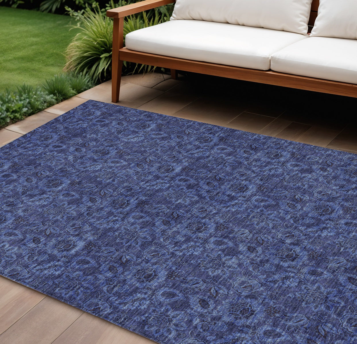 10 X 14 Navy Blue And Charcoal Floral Washable Indoor Outdoor Area Rug